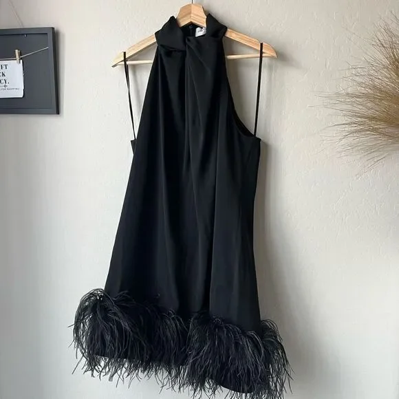 16Arlington Dress Feather Trim Black Cynthia Mini Dress Size US 10 UK 14